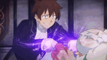 a man in a tuxedo is holding a purple object in his hands