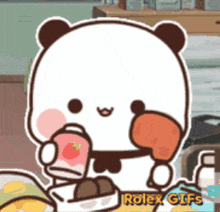 a cartoon panda bear is eating a tomato and a chicken .