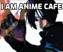 a painting of a man with the words i am anime cafe on the bottom