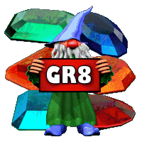 a gnome is holding a sign that says gr8 on it