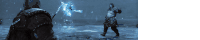 a man with a sword is standing in the water while another man holds a sword