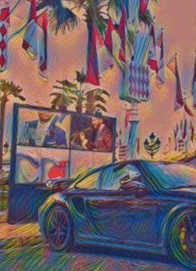 a colorful painting of a man in a car