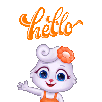 a cartoon rabbit with a flower in her hair is waving and says hello