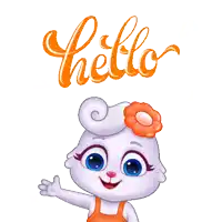 a cartoon rabbit with a flower in her hair is waving and says hello