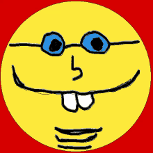 a drawing of a yellow smiley face with blue eyes and white teeth