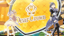 two anime girls are dancing in front of the dear crown logo