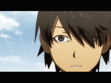 a close up of a anime character 's face with a blue sky in the background