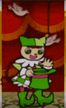 a cartoon drawing of a girl in a green and white outfit