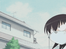 a cartoon girl wearing a white face mask looks at something