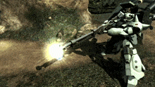 a video game character is holding a large gun with a light coming out of it