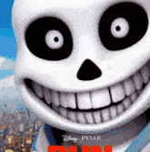 a disney pixar movie poster with a smiling skeleton on it