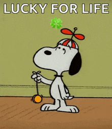 a cartoon of snoopy with a clover on his head and the words lucky for life above him