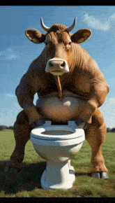 a cartoon cow is sitting on a toilet in a field
