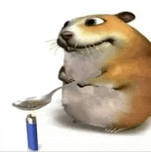 a hamster is holding a spoon in front of a blue lighter .