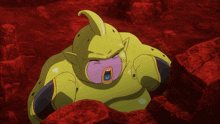a yellow cartoon character with a purple face is standing in a red area