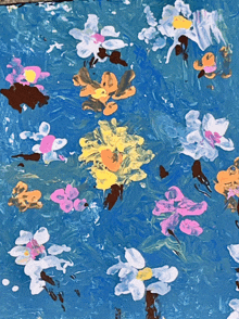 a painting of flowers in a blue background