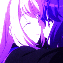 a close up of two anime girls with purple hair looking at each other