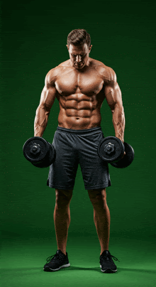a muscular man is holding a pair of dumbbells in his hands