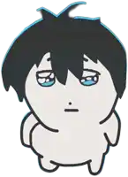 a cartoon drawing of a person with blue eyes