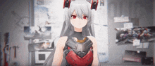 a girl with gray hair and red eyes is standing in front of a tm sign