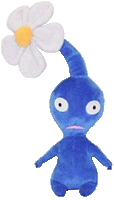 a blue stuffed animal with a white flower on its tail