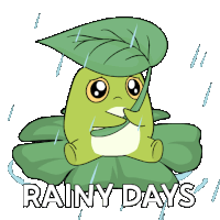 a frog is sitting on a leaf with the words " rainy days " written below it