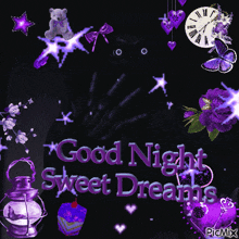 a picture that says good night sweet dreams with purple butterflies and flowers