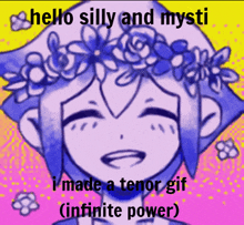 a drawing of a girl with flowers on her head with the words hello silly and mysti