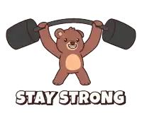a teddy bear lifting a barbell with the words stay strong below