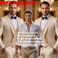 a picture of a man in a suit and bow tie with the caption happy weekend