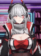 a girl with a very large breast is wearing a jacket that says entreya on it