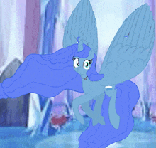a drawing of a blue pony with wings and a necklace