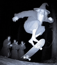 a man with a beard is riding a skateboard
