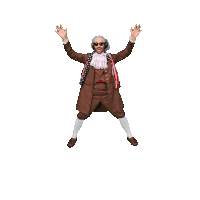 a man in a patriotic outfit is jumping in the air with a follow button below him