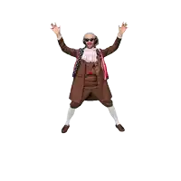 a man in a patriotic outfit is jumping in the air with a follow button below him