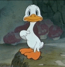 a cartoon duck is standing on a rock