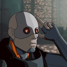 a drawing of a robot with red eyes and a glove on