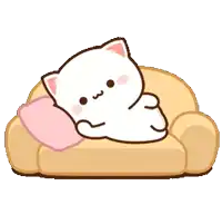 a cartoon cat is sitting on top of a couch with a pink pillow .