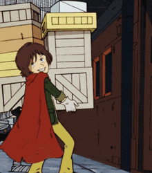 a cartoon character wearing a red cape is standing in front of a building