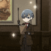 a cartoon character holding a clipboard and a sword
