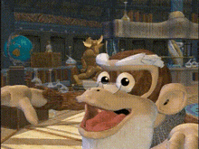 a cartoon monkey wearing glasses and a white hat is pointing at something
