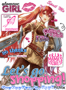 a picture of a girl with a sword and the words let 's go shopping on the bottom