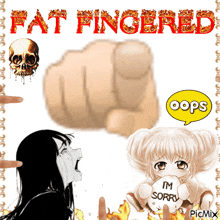 a girl holding a sign that says i 'm sorry is next to a fist pointing at her