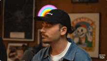 a man wearing a black hat and a denim jacket is talking into a microphone ..