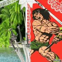 a picture of a man holding two swords with the word picmix on the bottom