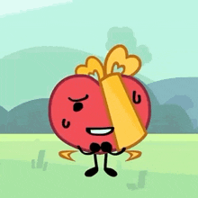 a cartoon heart with arms and legs is holding a gift box in its mouth .