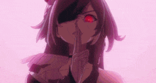 a close up of a girl with red eyes and a sword .