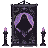 a picture of a ghost in a purple circle with candles in front of it