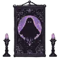 a picture of a ghost in a purple circle with candles in front of it