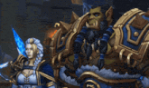 a man and a woman are standing next to each other in a video game scene
